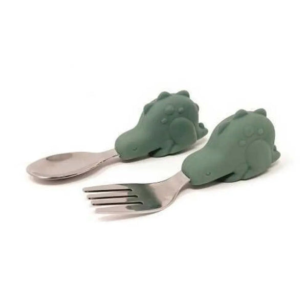 Tiny Twinkle Talheres em Aço e Silicone Dino Verde