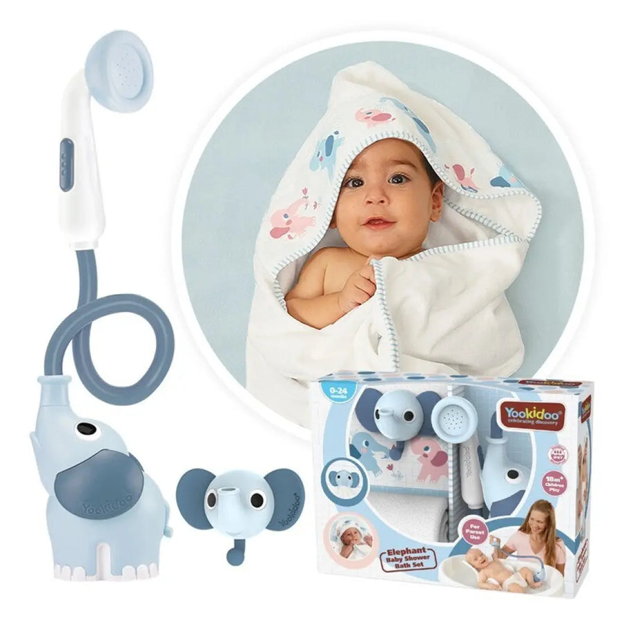 Yookidoo Set de Banho Chuveiro Elefante Azul e Toalha-Capa Yookidoo
