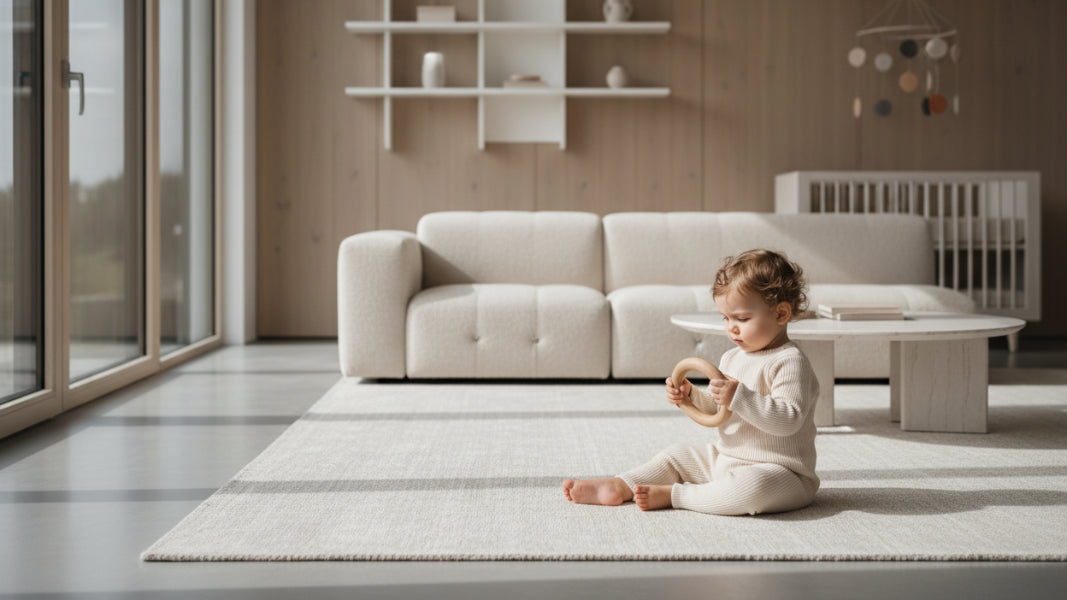 Premium baby lifestyle photography inspired by Cybex aesthetic, modern minimalist interior, soft natural daylight, neutral and warm tones (beige, stone, soft grey), elegant and functional design, baby or toddler in a real-life moment, calm and confident mood, high-end parenting brand look, clean composition with generous negative space for overlay text, no logos, no text, no promotional elements, no Christmas decorations, realistic photography, editorial quality, 16:9 aspect ratio