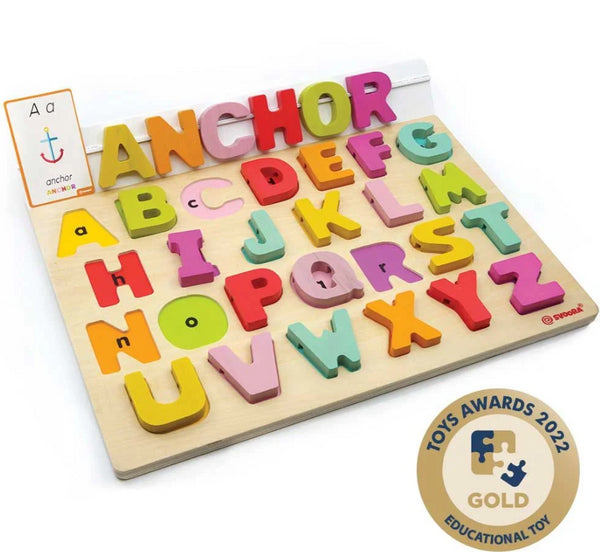 Svoora Puzzle do Alfabeto em Madeira com 50 Cartões de Flash “As Tuas Primeiras Palavras em Inglês”